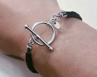 Woven Leather Bracelet - RED or BLACK - Sterling Silver Toggle & Bar