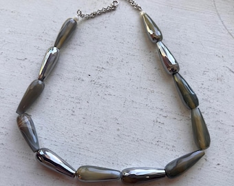 Metallic Faceted Gray Agate Bead Necklace - Sterling Silver