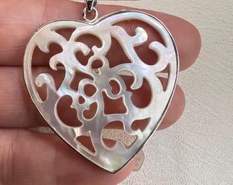 Open Carved Mother of Pearl Filigree Heart Pendant