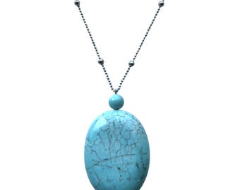 Sterling silver Oval Turquoise Color Howlite Stone Bead Chain 22 inches