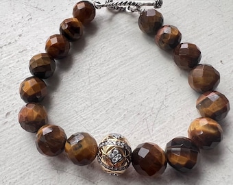 Tiger's Eye Faceted Bead Bracelet - Sterling Silver - Accent Gold & Crystal Bead