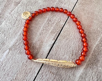 Red Carnelian Beaded Feather Bracelet - Free Spirit - Sterling Silver & Vermeil Gold