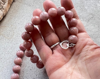 Strawberry Quartz Bead Necklace - Sterling Silver - Heart Toggle
