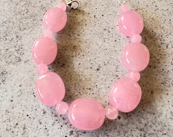 Oval Dyed-Jade Pink Beaded Bracelet - Sterling Silver