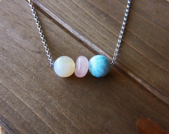Moonstone, Rose Quartz, Blue Snakeskin Jasper Stone Chain Necklace