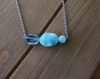 Aquamarine, Amazonite, & Rainbow Flourite Chain Necklace