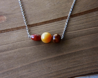 Earth Tone Stone Chain Necklace - Red Jasper, Yellow Jade, Chrysanthemum Agate