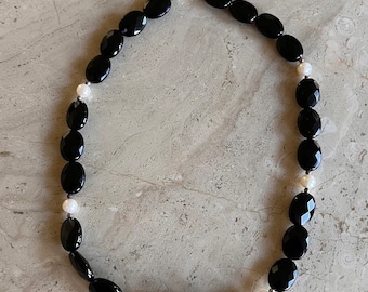 Onyx & Pearl Necklace with Sterling Silver Finding - 20"