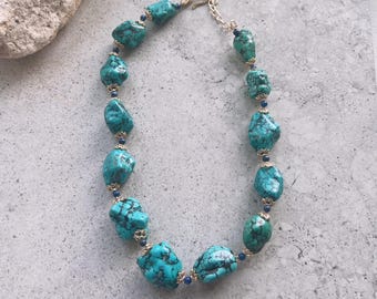 Bronze Blue Howlite Nugget Necklace - Lapis Lazuli Bead Accent - Gold Plated