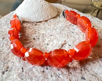 Chess-Cut Carnelian Bead Bracelet - Sterling Silver
