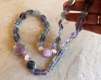 Rainbow Fluorite, Rose Quartz, Genuine Amethyst with Sterling Silver Findings - 29"