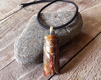 Cicada Brown Agate Carved Pendant Necklace - Rubber Cord & Sterling Silver Findings