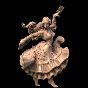 May include: A detailed figurine of a woman in a flowing, patterned skirt, holding a playing card in her hand. She is wearing a headscarf and jewelry, and her expression is one of excitement or surprise.