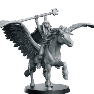 May include: A grey painted miniature figurine of a woman riding a winged horse. The woman is holding a staff with a trident-like top. The horse has a flowing mane and tail.