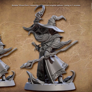 May include: A gray, detailed miniature of a wizard wearing a large hat and holding a staff. The miniature is set on a circular base with a textured surface. The miniature is part of a set of fantasy miniatures for tabletop role-playing games.