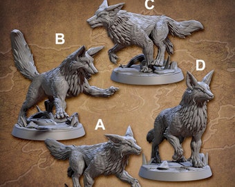 May include: Four grey painted miniature fox figurines in different poses, labelled A, B, C, and D. The figurines are on circular bases with a textured surface.