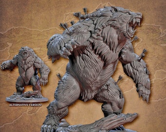 Puede incluir: Una miniatura gris y detallada de un oso gigante con flechas que sobresalen de su pelaje. El oso está de pie sobre una base rocosa. La miniatura forma parte de un conjunto de miniaturas de fantasía para juegos de mesa.