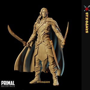 May include: A detailed miniature figurine of an elf warrior, painted in a light brown color. The elf is wearing armor and holding a sword and a dagger. The figurine is standing on a black background.