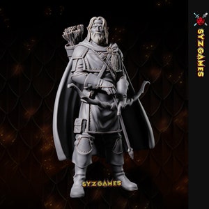 May include: A gray painted miniature figurine of a human male archer with a long beard, wearing a hooded cloak, holding a bow and arrow. The figurine is standing on a dark background.
