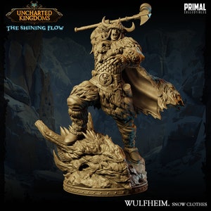 May include: A detailed miniature figurine of a warrior with a horned helmet, holding a hammer and standing on a dragon's head. The figurine is made of a light brown material and is part of the Uncharted Kingdoms: The Shining Flow collection.