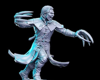 May include: A gray painted miniature figurine of a man with sharp claws, wearing a long coat and standing on a round base.