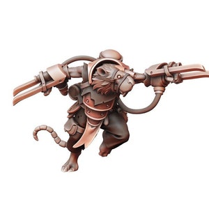 May include: A detailed figurine of a rat-like creature in a dynamic pose, clad in bronze-colored armor and wielding large, claw-like weapons. The figure has a tail and is set against a white background.