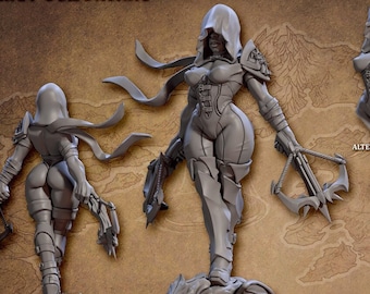 May include: A gray figurine of a female warrior, Janet Demonbane, in a hooded outfit, holding a crossbow. The figure is standing on a wolf-like creature. An alternative bust version is also shown. The text "JANET DEMONBANE" is at the top.