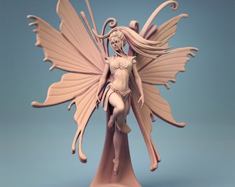 May include: A pink figurine of a fairy with butterfly wings. The fairy is standing on a base with a flowing skirt. The wings are detailed and have a delicate, intricate design.