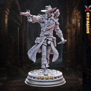 May include: A detailed, gray figurine of a character in a hat, holding a pistol and a knife. The figure is wearing a long coat and stands on a circular base with the text "SYZ GAMES". The background is a dimly lit corridor.