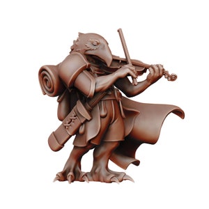 May include: A brown, bird-like creature with a backpack and a sword strapped to its leg plays a violin. The creature is wearing a brown tunic and a cape.
