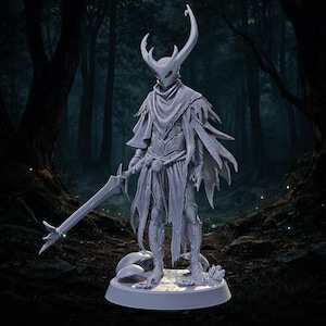 May include: A gray, unpainted miniature figurine of a humanoid warrior wearing a horned mask, a tattered cloak, and layered armor. The figure holds a long, pointed sword in one hand and stands on a circular base decorated with small mushrooms.