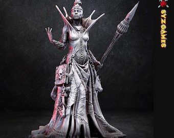 May include: A detailed figurine of a regal figure in a flowing gown, holding a spear. The figure has a stern expression and is adorned with intricate details, including a headdress and ornate accessories. The SyzGames logo is visible.