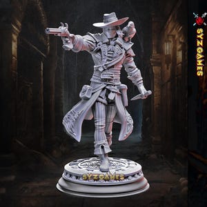 May include: A detailed figurine of a character in a hat and long coat, holding a pistol and a knife. The figure is standing on a circular base with the text "SYZ GAMES". The character has a mask and a bird on their shoulder.