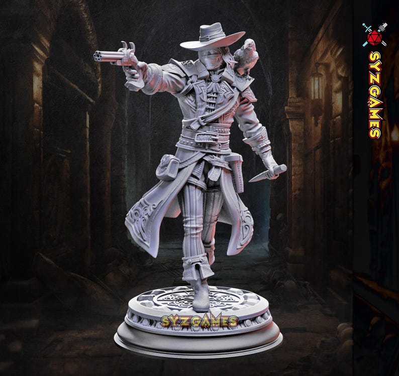 May include: A detailed figurine of a character in a hat and long coat, holding a pistol and a knife. The figure is standing on a circular base with the text "SYZ GAMES". The character has a mask and a bird on their shoulder.