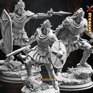 Può includere: Tre figurine dettagliate di guerrieri corazzati in pose dinamiche. Ogni figura è vestita con un'armatura ornata, che brandisce spade e scudi. Le figure poggiano su basi strutturate, con il logo "SYZ GAMES" visibile. L'estetica generale è a tema fantasy.