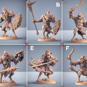 May include: Six miniature figures of a wolf-like creature with different weapons and armor. The figures are painted in a light brown color and are posed in various action stances. The figures are set against a light gray background.