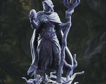 Drow Swamp Sorceress Saratha Miniature, 32mm DnD RPG, Unpainted Resin Dark Elf Mage