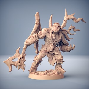 May include: A detailed miniature figurine of an Orc warrior, painted in a light brown color. The Orc is holding a large, spiked axe in one hand and has a fierce expression on its face. The figurine is standing on a circular base.