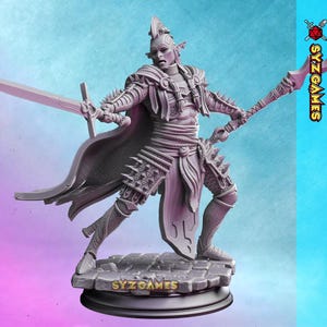 May include: A detailed figurine of a fantasy warrior, holding a sword and a polearm. The figure is clad in ornate armor with spiked accents and a flowing cape. The base features the text "SYZ GAMES". The color palette is monochromatic, with shades of gray.