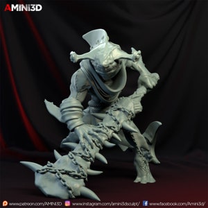 May include: A gray 3D printed miniature of a humanoid creature with a shark-like head and a spiked chain weapon. The creature has a hooded cloak and appears to be in a fighting stance.