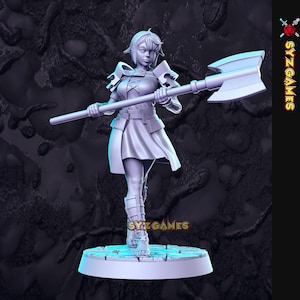 May include: A gray miniature figurine of a female warrior holding a large axe. She is wearing armor and a skirt. The figurine is standing on a round base.