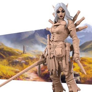 May include: A beige-coloured fantasy figurine of a character in armour, holding a sword and a dagger. The figure has pointed ears and white hair. The background shows a landscape with mountains and a path.