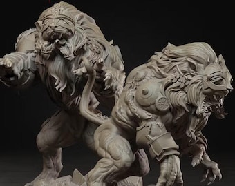 Armored Lion Beasts 2-Piece Resin Miniature Set for Dark Fantasy Tabletop Wargames