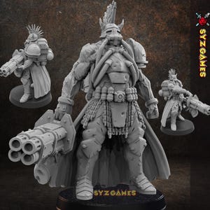 May include: A grey miniature warrior figure with a mohawk, armour, and a large multi-barrelled weapon. The figure is on a black base, with two smaller figures in the background. The Syzgames logo is visible.