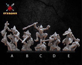 May include: Five grey painted miniature figurines of humanoid creatures with reptilian features, each holding a weapon and standing on a base with a rocky texture. The figurines are labeled A through E.