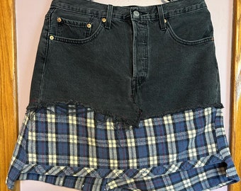 Upcycled Black Denim and Flannel Grunge Boho Mixed Material Style Skirt