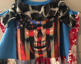 Upcycled Patriotic Red White and Blue Americana Graphic Skull T-Shirt Dress