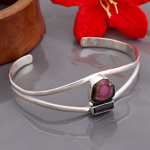 Top Natural Watermelon Tourmaline Cuff Bracelet Handmade Gift Bangle Adjustable bi color Tourmaline Watermelon Tourmaline Bracelet