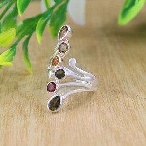 Father's Day Sale Multicolored Tourmaline Gemstone Ring 925 Sterling Silver Handmade Promise Ring Boho Jewelry Best Gift for Her Size 8 image 2