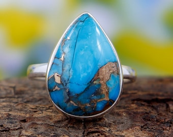 Blue Copper Turquoise Ring !! Turquoise Silver Ring !! Handmade Pear Shape Ring !! Turquoise Gemstone Silver Rings !! Mothers 's Day Gift 8